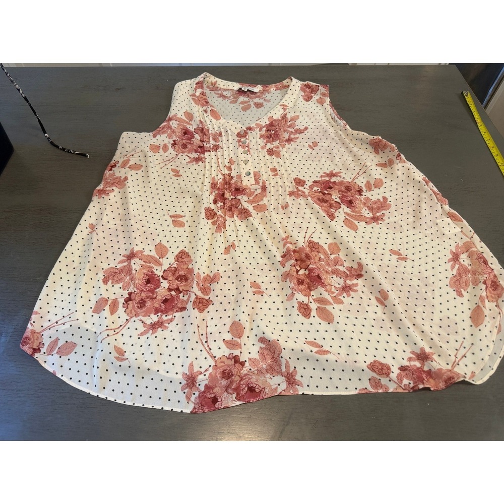 Rose + Olive Womens 2X Floral Polka Dot Sleeveless Pleated V-Neck Blouse Top